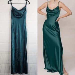 Revelry Skye Satin Bridesmaid Cowl Neck Maxi Dress Classic Emerald - 714 Size 2